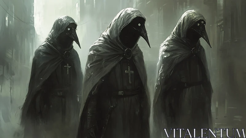 Three cloaked plague doctor figures stand in a foggy alley