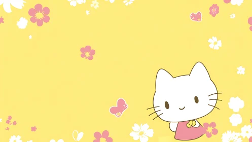 Cute white cat in pink dress on yellow floral background