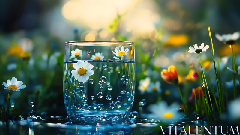 Glass of clear water amid daisies in soft garden light.
