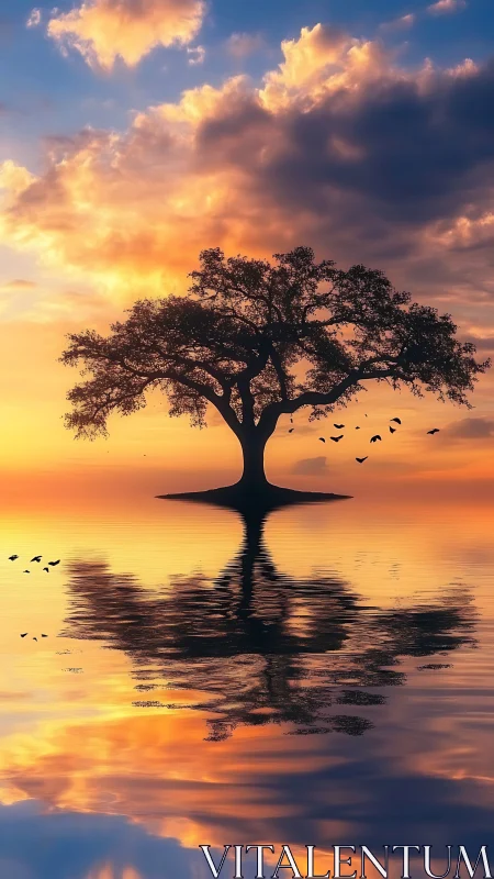 Solitary tree mirrors golden sunset sky across calm water
