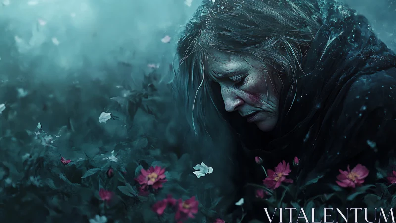 Older woman bends over wildflowers in cold blue light