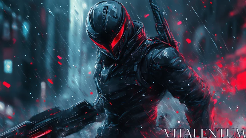 Armored cybernetic operative advances through neon storm