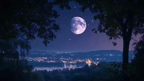 Full moon appears above illuminated riverside city at night