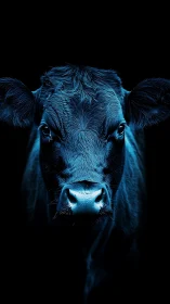 Blue side-lit cow portrait fills vertical black background