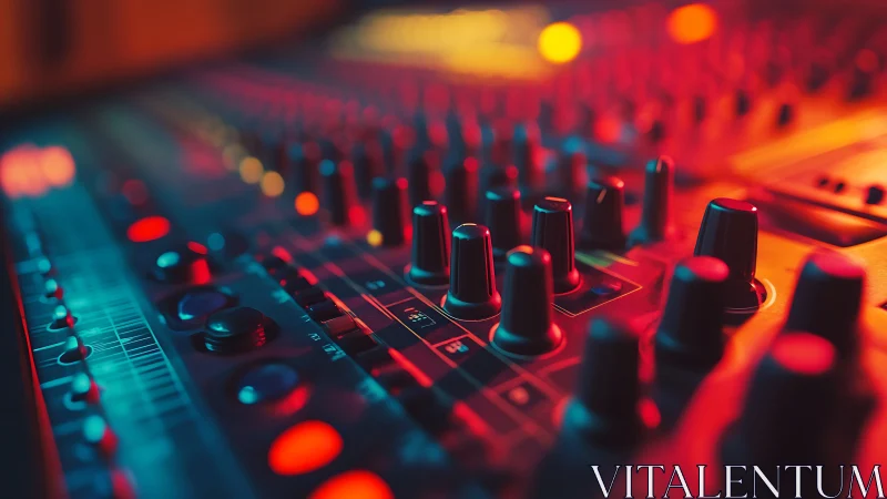 Audio mixing console with illuminated control knobs and faders.