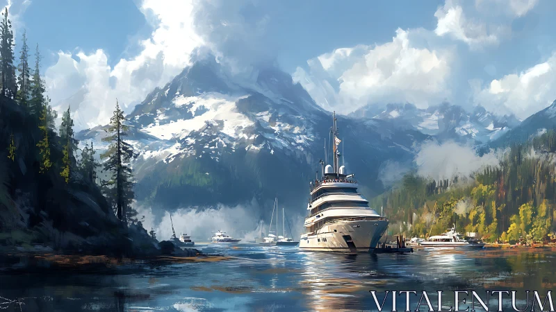 Superyacht moored in alpine fjord with snowcapped peaks and pines