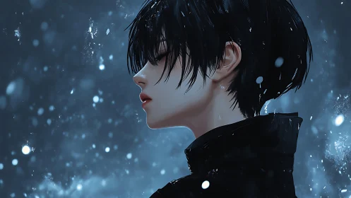 Solitary youth in profile stands under quiet winter snowfall