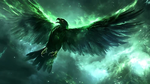 Majestic Green Phoenix in Luminescent Fantasy Sky Artwork.