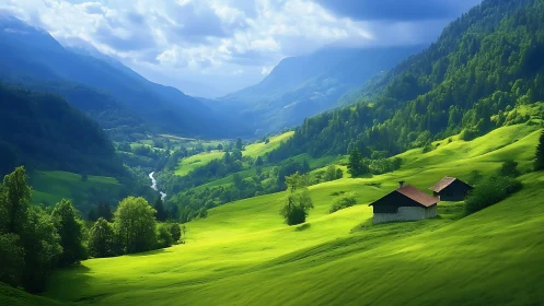 Sunlit alpine valley unfolds with bright meadows and cabins