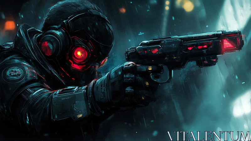 Cybernetic enforcer aims neon pistol through storm.