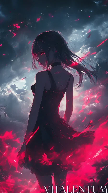 Silhouetted girl amid crimson embers in stormlit sky.