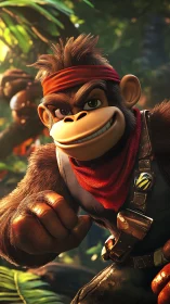Smiling cartoon monkey fighter in lush jungle close-up.