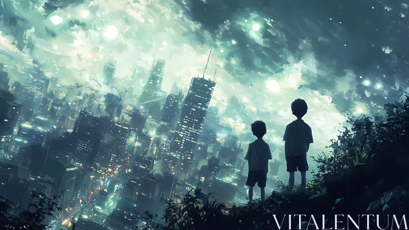 Digital dusk skyline with silhouetted children overlook scene.