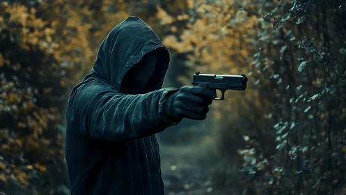 Hooded phantom with gun framed by autumn&rsquo;s haunted passage.