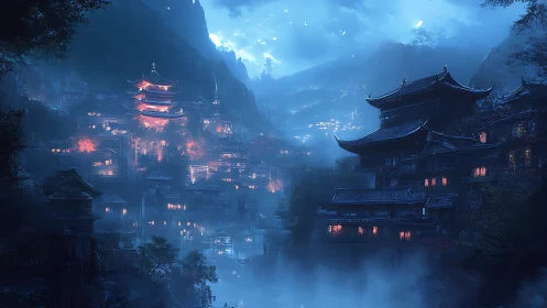 Mountain valley city shows tiered pagodas under blue night