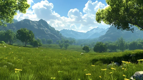 Sunlit alpine meadow stretches toward distant blue mountains