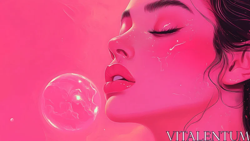 Dreamlike pink portrait with floating luminous bubble.