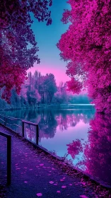 Neon twilight lakeside walk beneath dreamy pink trees.