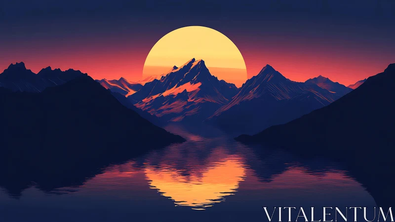 Low-poly alpine range with oversized sun over reflective lake