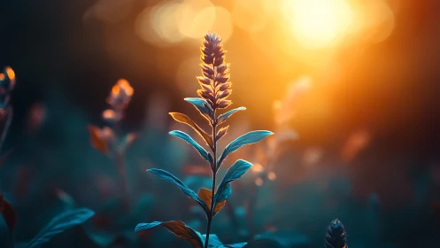 Backlit wildflower glowing in cinematic sunset bokeh.
