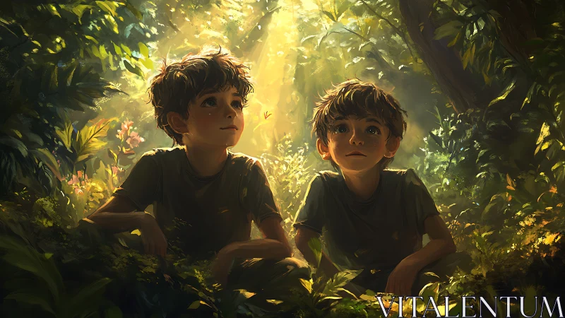 Young explorers discover wonder in golden forest light.