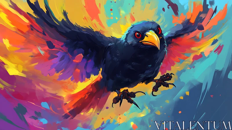Vibrant digital painting of fierce black bird in flight, abstract style.