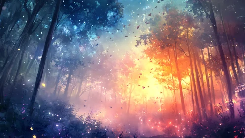 Forest Dawn: Light Breaking Through Magical Woodland.