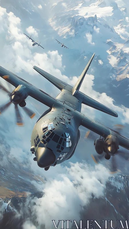 Heavy transport aircraft squadron cuts through alpine clouds