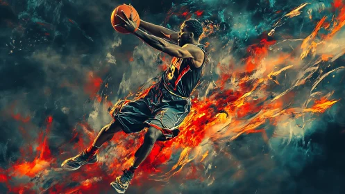 Dynamic basketball dunk rendered with flame‑trail motion effects