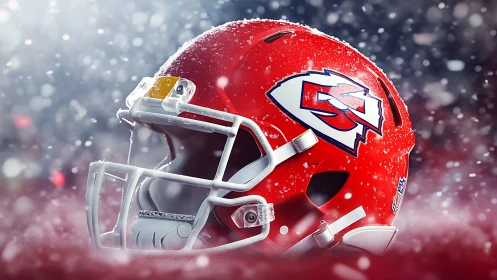 Red football helmet in snow with bold white faceguard design.