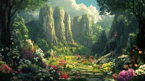 Lush mountain valley path passes through dense wildflower meadow