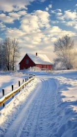 Photorealistic red farmhouse in luminous winter landscape.