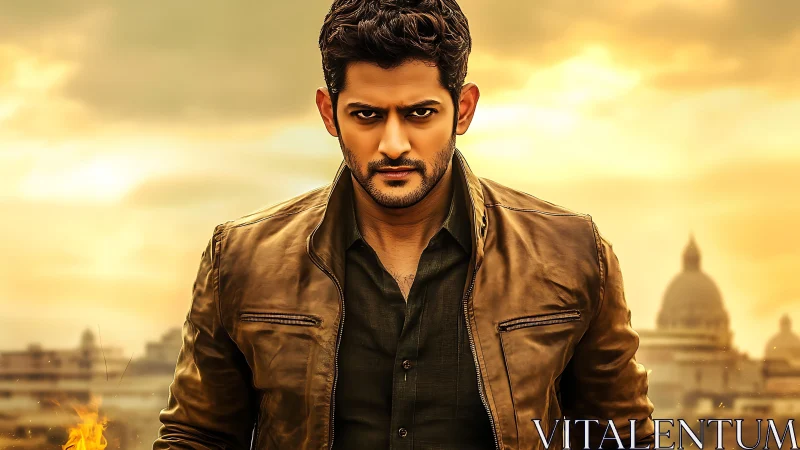 Confident hero in a golden city skyline at sunset.