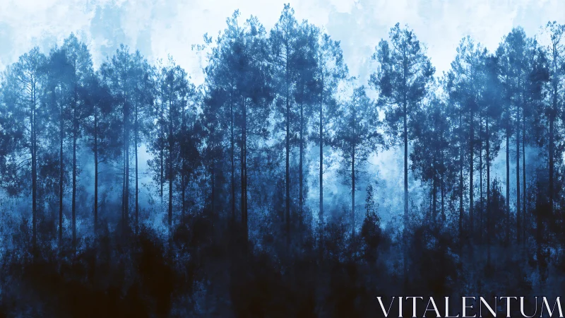 Misty pine forest rises through deep blue atmospheric haze.