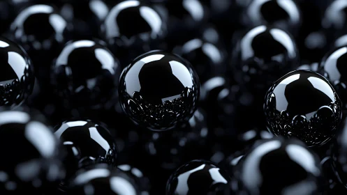 Gleaming black spheres float softly in a reflective dark sea