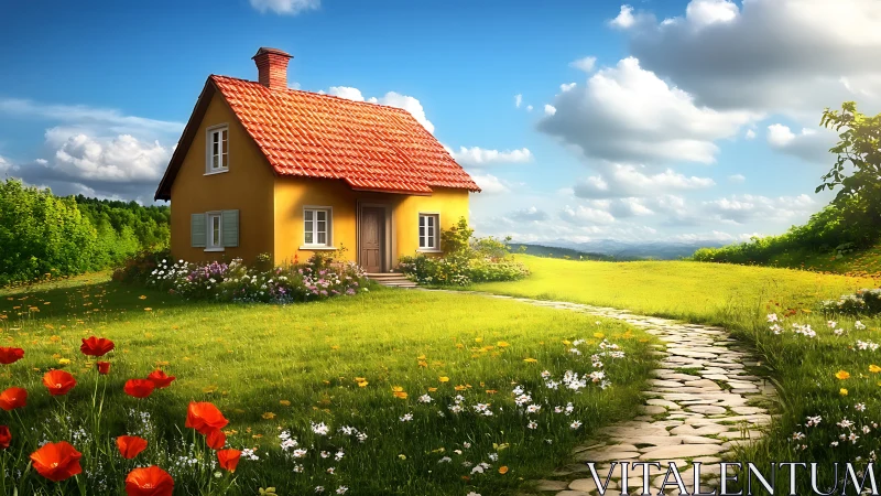Sunlit cottage hums quietly at the edge of a wild meadow
