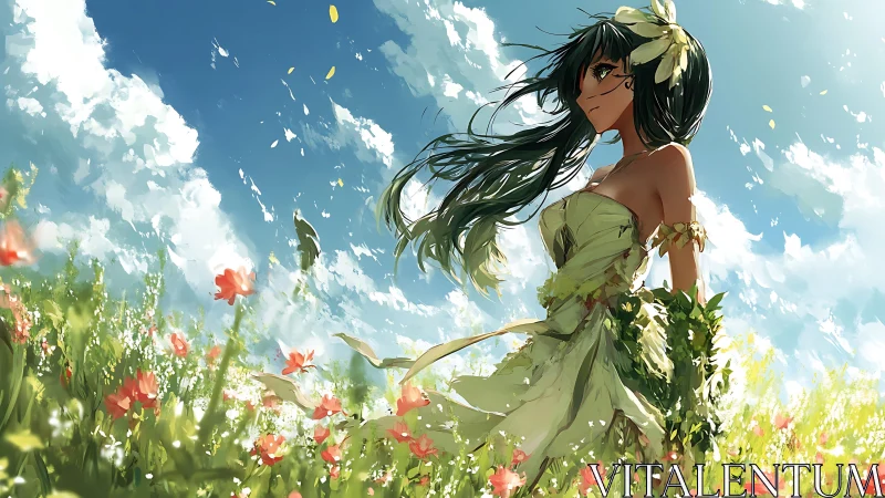 Wind-swept anime girl in floral meadow under dynamic cumulus sky