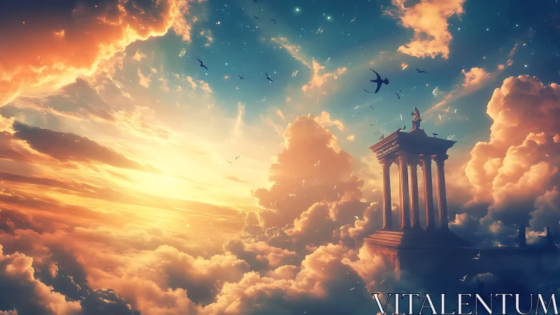 Celestial temple rises above stratified clouds at radiant dusk