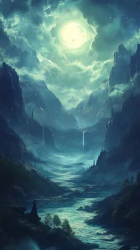 Moonlit glacial valley with waterfalls and misted spires.