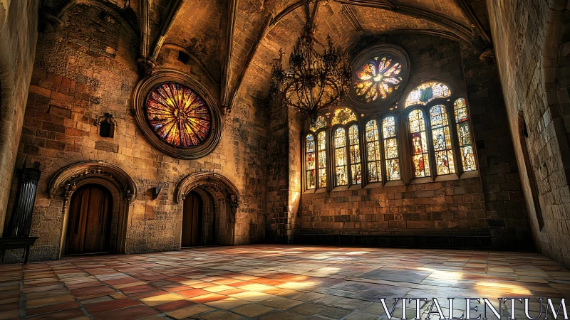 Sunlit stained glass turns silent stone hall into warm fire