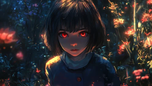 Red-eyed girl stands in glowing nocturnal flower field.