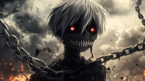 Chains embrace the crimson-eyed revenant beneath burning clouds