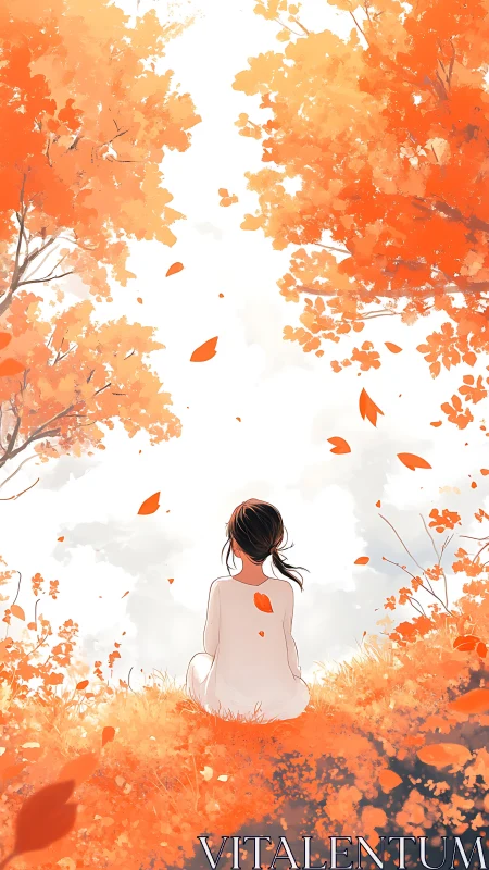 Girl in white dress under glowing autumn canopy, contemplative.