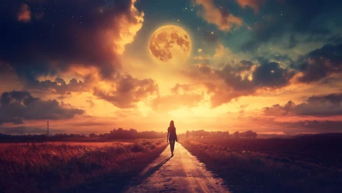 Silhouetted traveler walks toward oversized moon at sunset