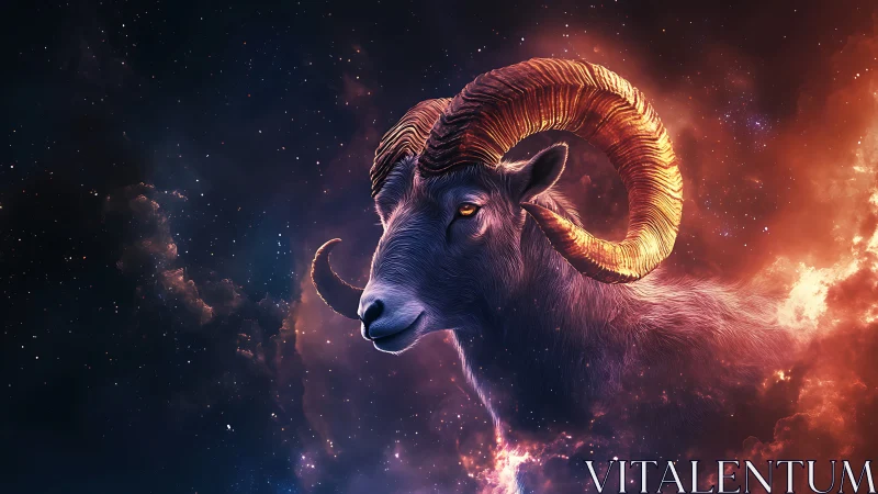 Celestial ram portrait merges luminous nebulae with cosmic anatomy