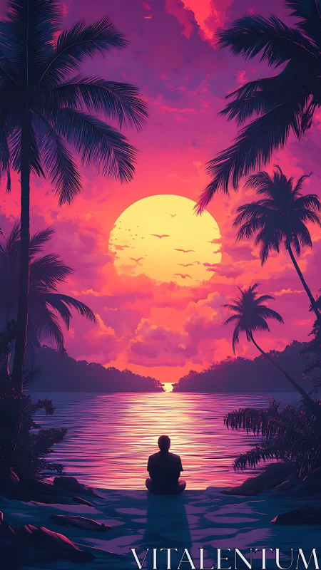 Vibrant tropical sunset with silhouetted figure in saturated palette