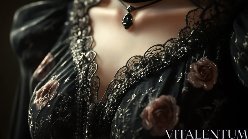 Gothic lace neckline with rose embroidery in soft focus.