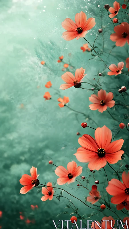 Red cosmos flowers with buds float on soft teal textured background