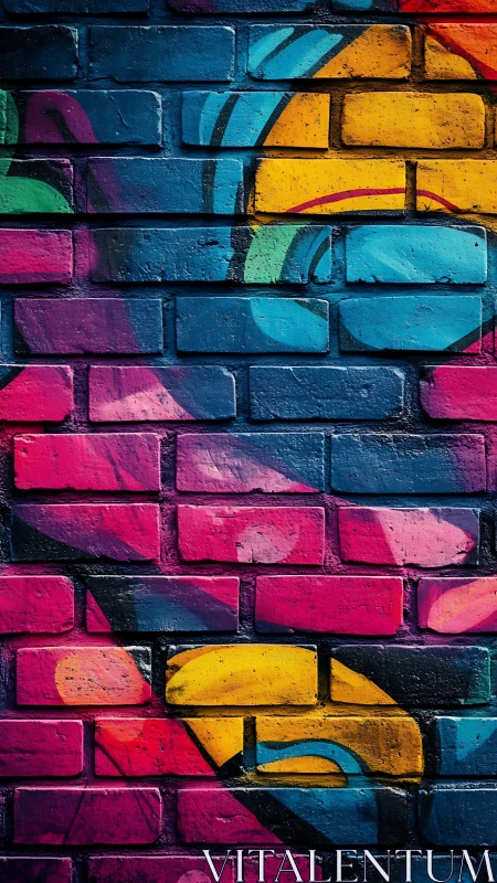 Multicolored geometric graffiti on vertical brick wall surface.