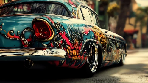 Colorful classic car wrapped in bold street art style paint.